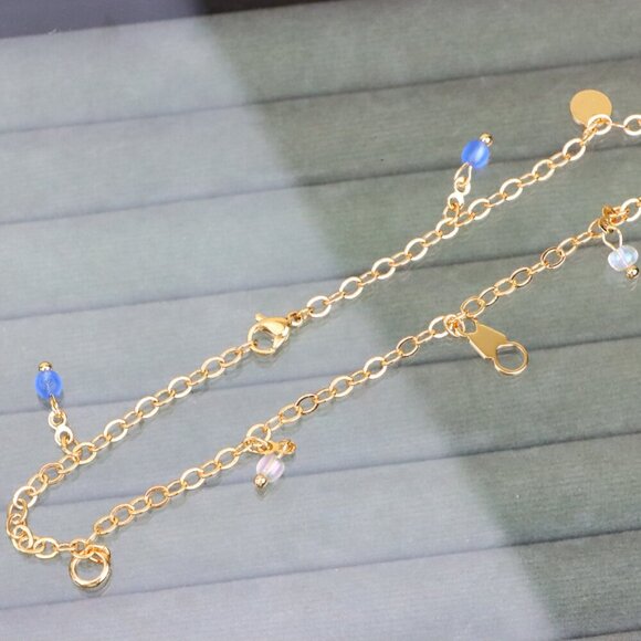 "Elegant Rose Gold Anklet with Blue Beads and Pearl Charms, XPAL1180 - Picture 8 of 12